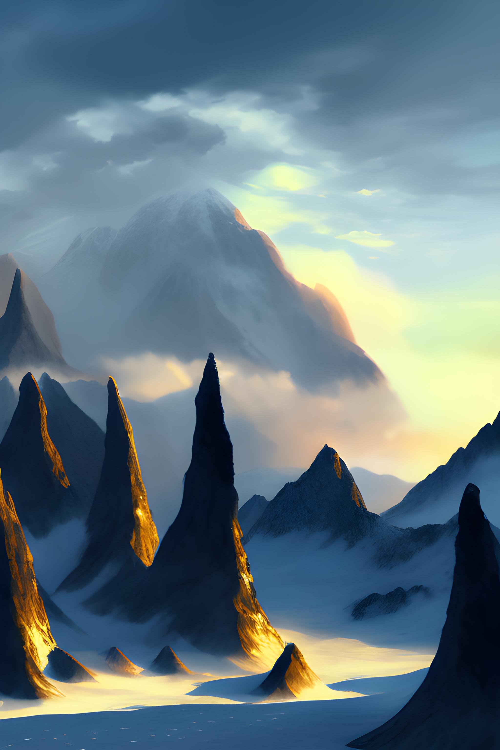 Un paysages de montagne au coucher du soleil avec des nuages bleu 